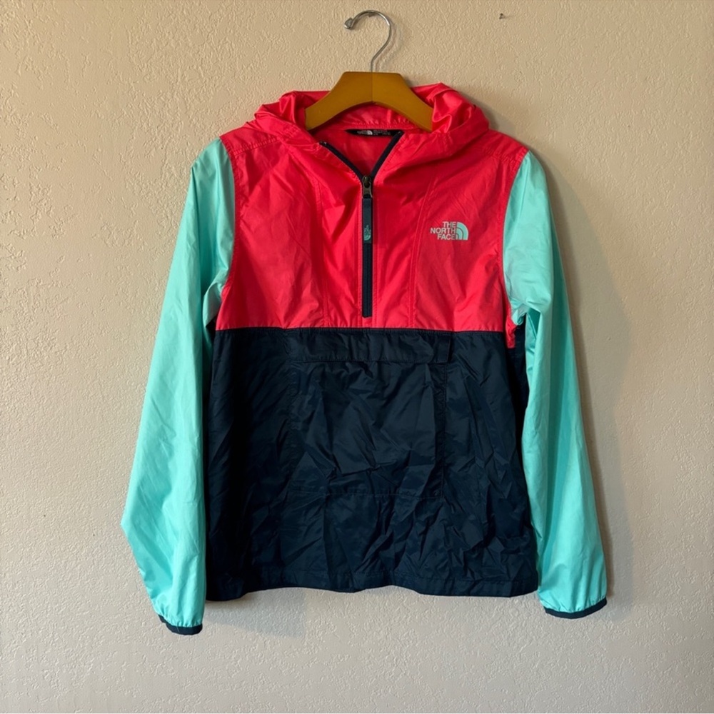The North Face wind braker pink and blue pull over hoodie sz 14-16